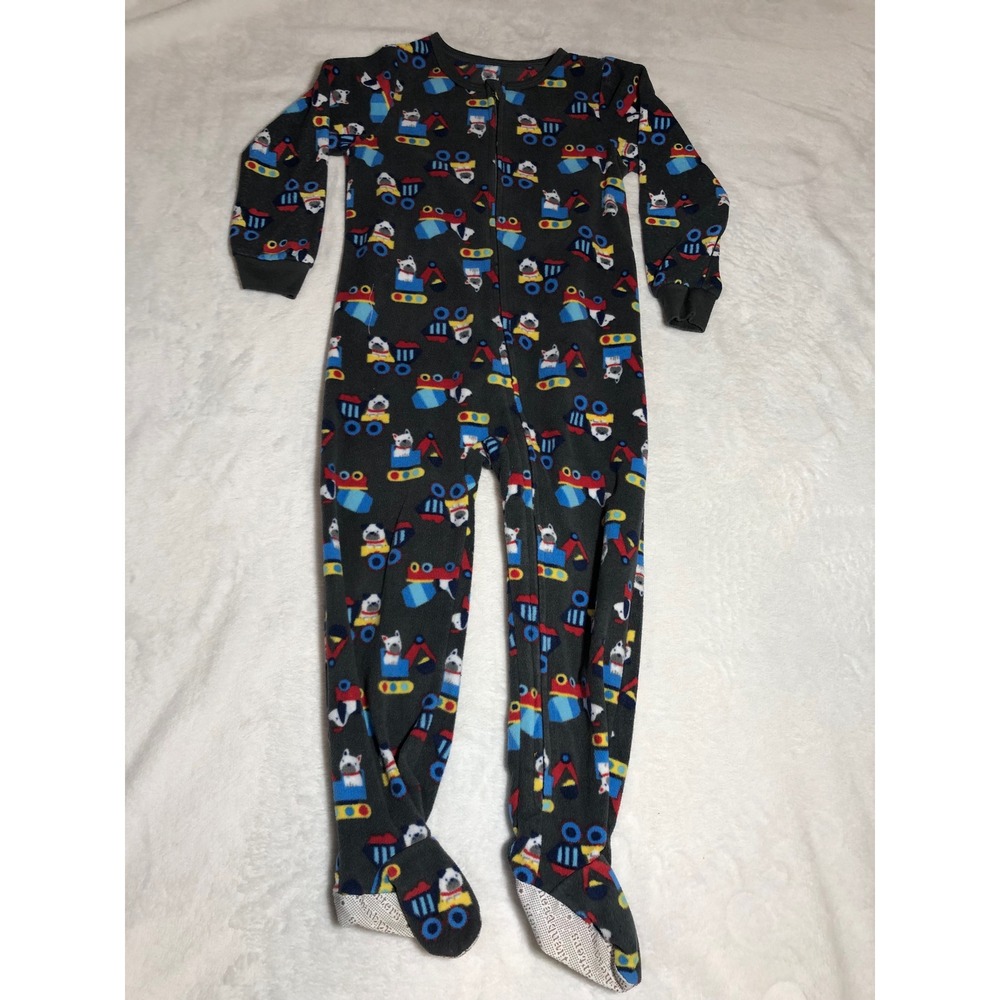 5/$25 Kids Headquarters Footed Pajamas 4T Gray Construction Dog Fleece Sleeper